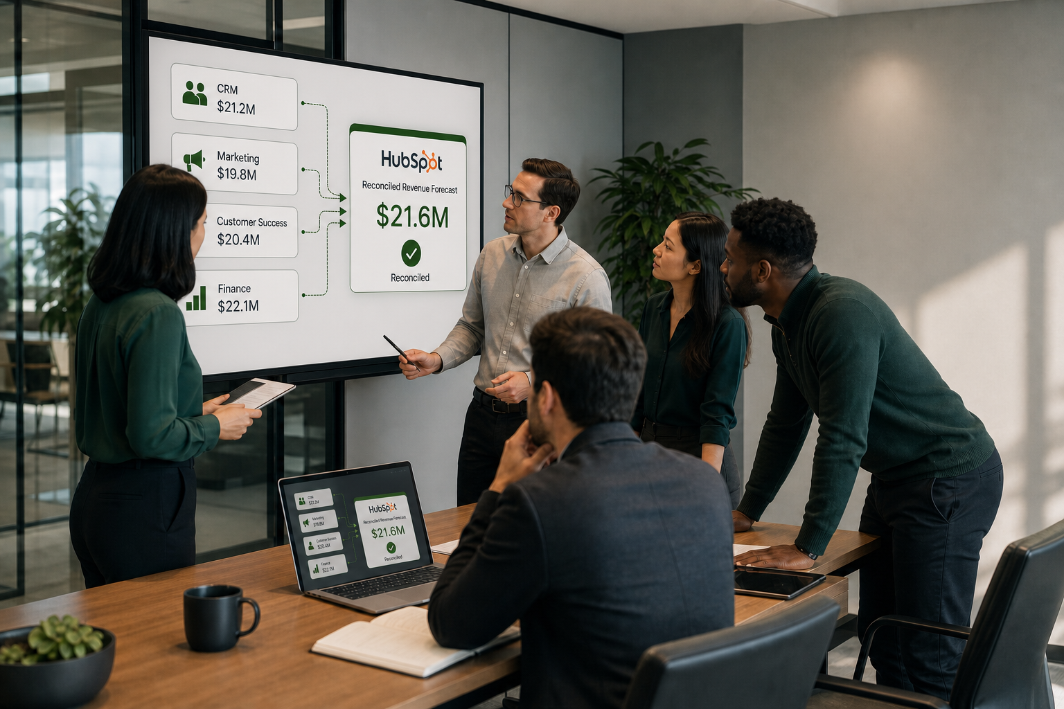 The image depicts a chaotic office environment filled with multiple computer screens displaying different revenue data dashboards. Each screen shows conflicting figures, with a sales team member in the foreground looking frustrated as they hold a spreadsheet filled with colorful charts and graphs. In the background, a whiteboard is cluttered with sticky notes detailing various systems—CRM, marketing automation, customer success, and finance—each labeled with different revenue metrics like "committed," "booked," and "billed." A clock on the wall indicates a late hour, emphasizing the urgency and stress of reconciling the numbers. The lighting is dim, casting shadows that enhance the tension in the room. A HubSpot logo is subtly placed on one of the screens, hinting at a potential solution amidst the confusion.