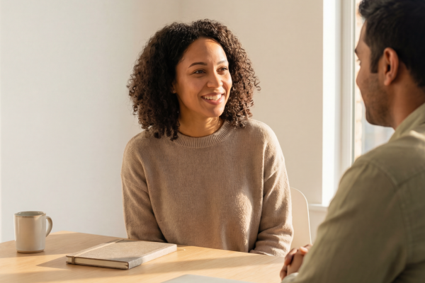Woman at table talking to another person